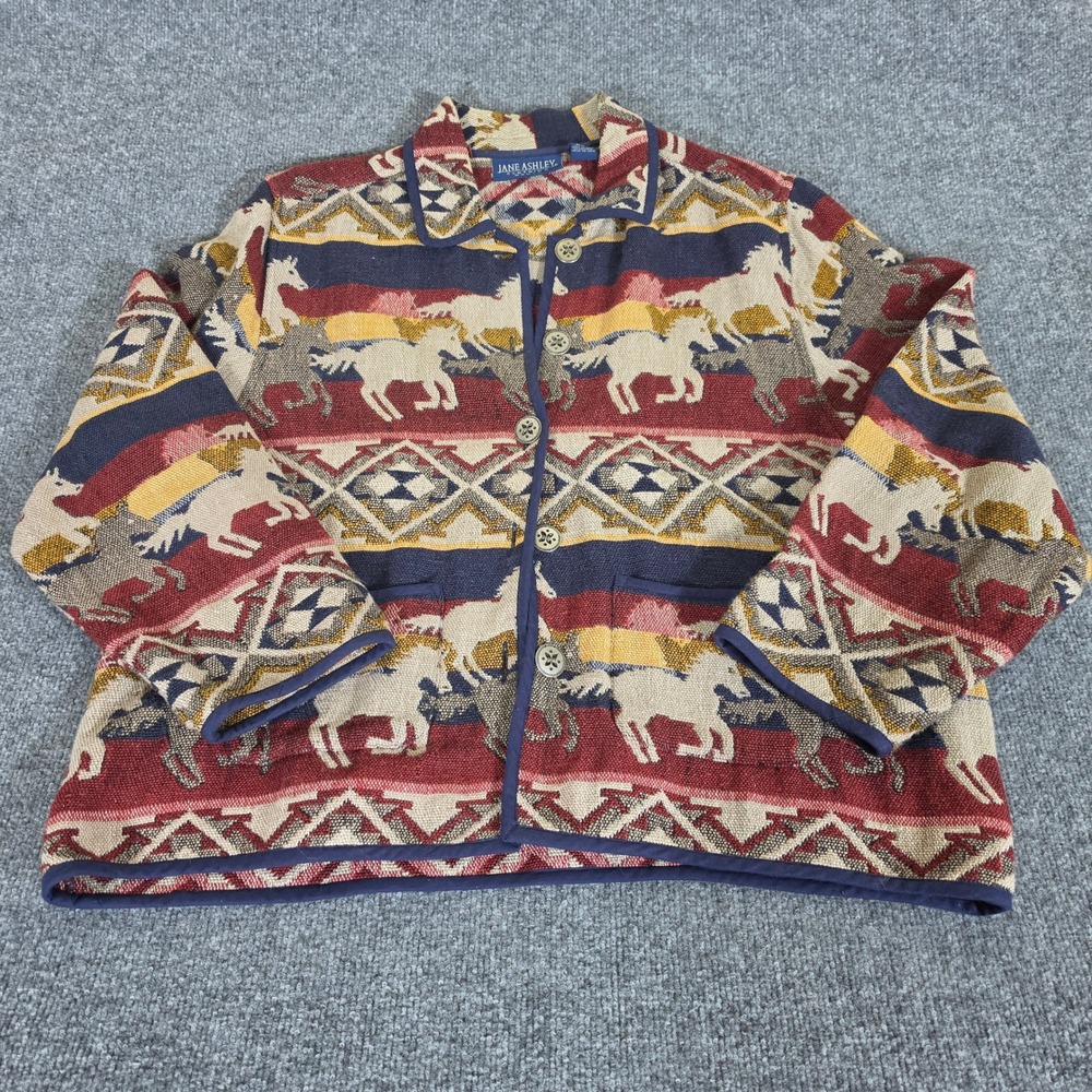 Jane Ashley Women 1X Horse Tapestry Jacket Southwest Cotton Button Up Blue Red